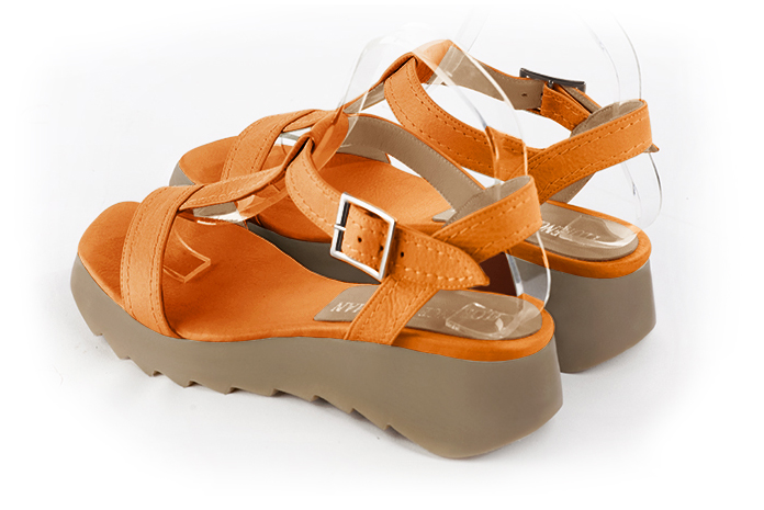 Apricot orange women's fully open sandals, with an instep strap. Square toe. Low rubber soles. Rear view - Florence KOOIJMAN
